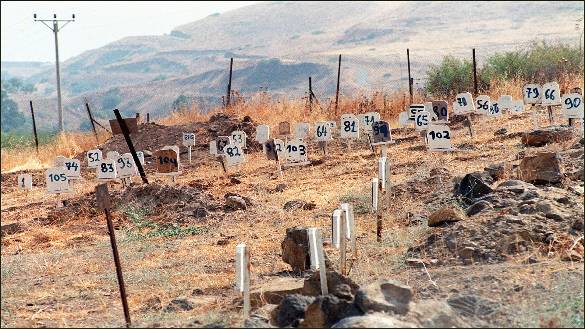 NORTH ISRAEL, ISRAEL: Picture taken 14 September 1989 in northern Israel showing one of the special cemeteries for Palestinian "terrorists" killed by the Israeli army. The graves are identified only by numbers. (Photo credit should read MENAHEM KAHANA/AFP/Getty Images)