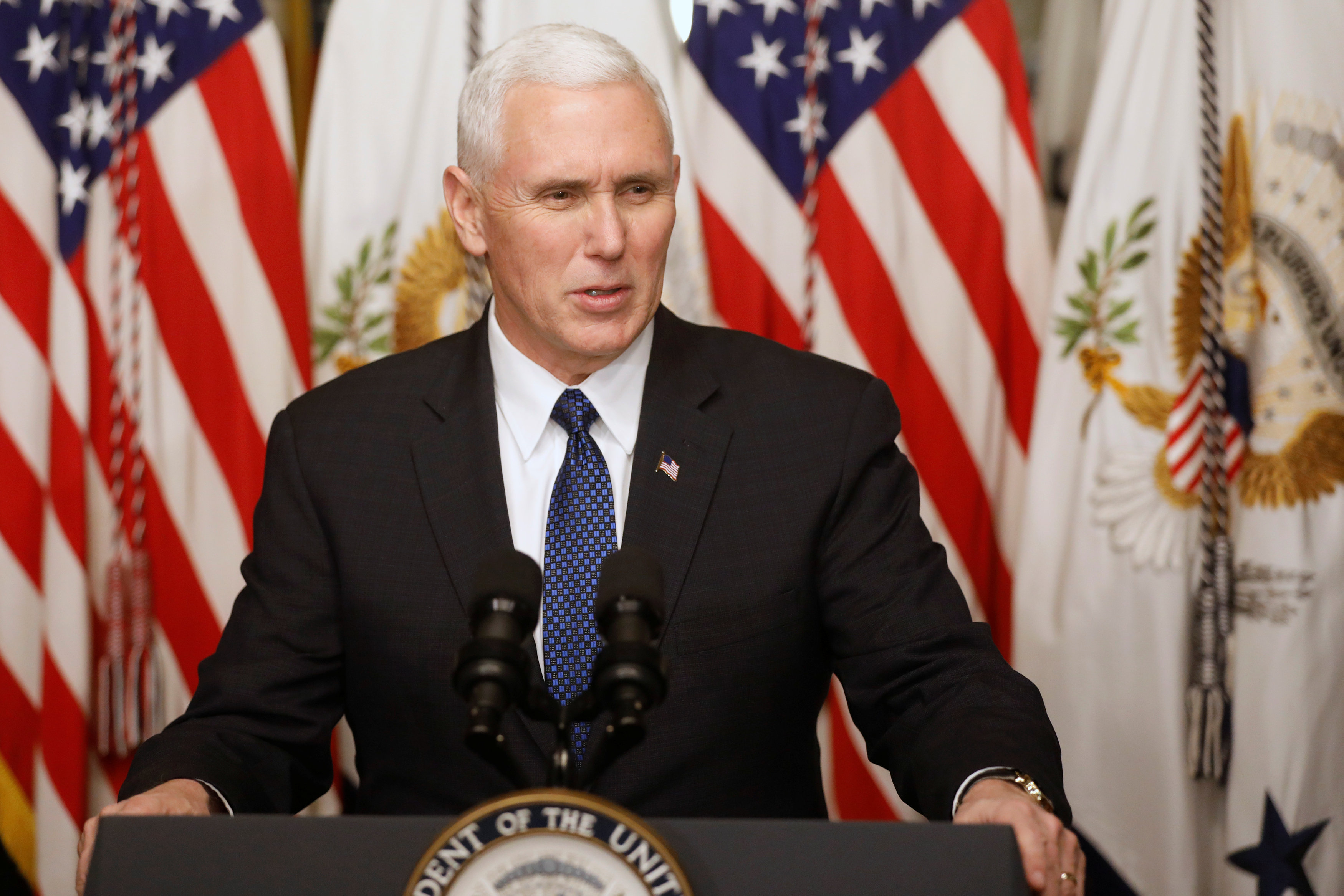U.S. Vice President Mike Pence delivers remarks before swearing in Education Secretary Betsy DeVos at the Eisenhower Executive Office Building at the White House in Washington, U.S. February 7, 2017. REUTERS/Jonathan Ernst