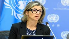 Francesca Albanese, Special Rapporteur on the situation of human rights in the Palestinian Territory occupied since 1967, briefs reporters at UN Headquarters.