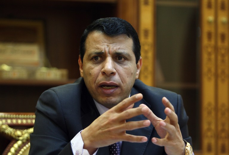 TO GO WITH AFP STORY BY JOSEPH KRAUSS Palestinian senior Fatah official Mohammed Dahlan speaks during an interview with AFP at his office in the West Bank city of Ramallah on November 10, 2009. Dahlan, a leading member of Palestinian president Mahmud Abbas's secular movement, told AFP in an exclusive interview that setting borders could salvage a two-state solution amid failed US-led peace efforts that could otherwise lead to the collapse of the Palestinian Authority. AFP PHOTO/ABBAS MOMANI